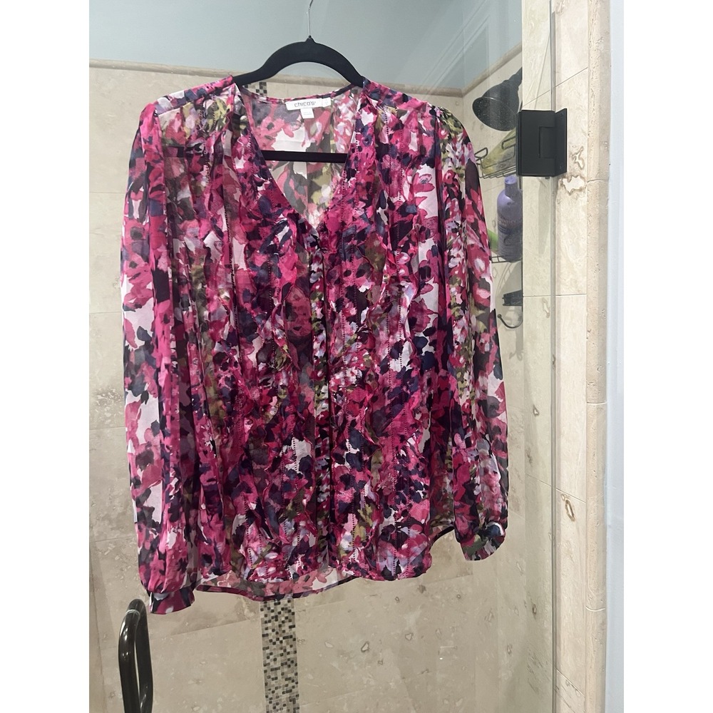 Chicos Size 1 Blouse Pink Purple Sheer Plaid Metallic Ruffle Long Sleeve V-Neck